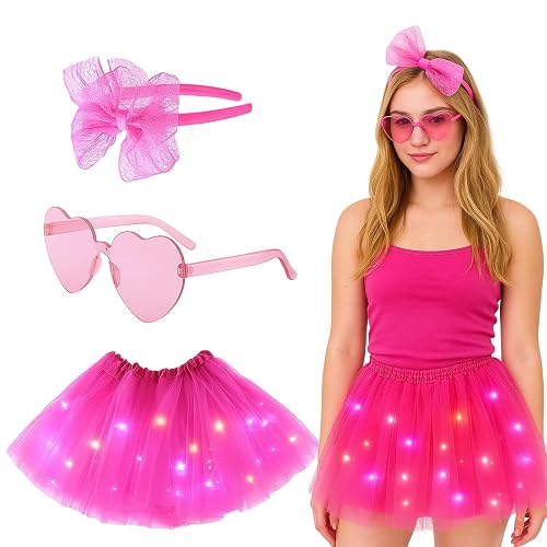 Pink Tutu, Light Up Tutu Skirt Set for Women and Girls, Ballet Performance Costume with Headband and Heart Sunglasses, Dance Recital Party Outfit for Themed Events