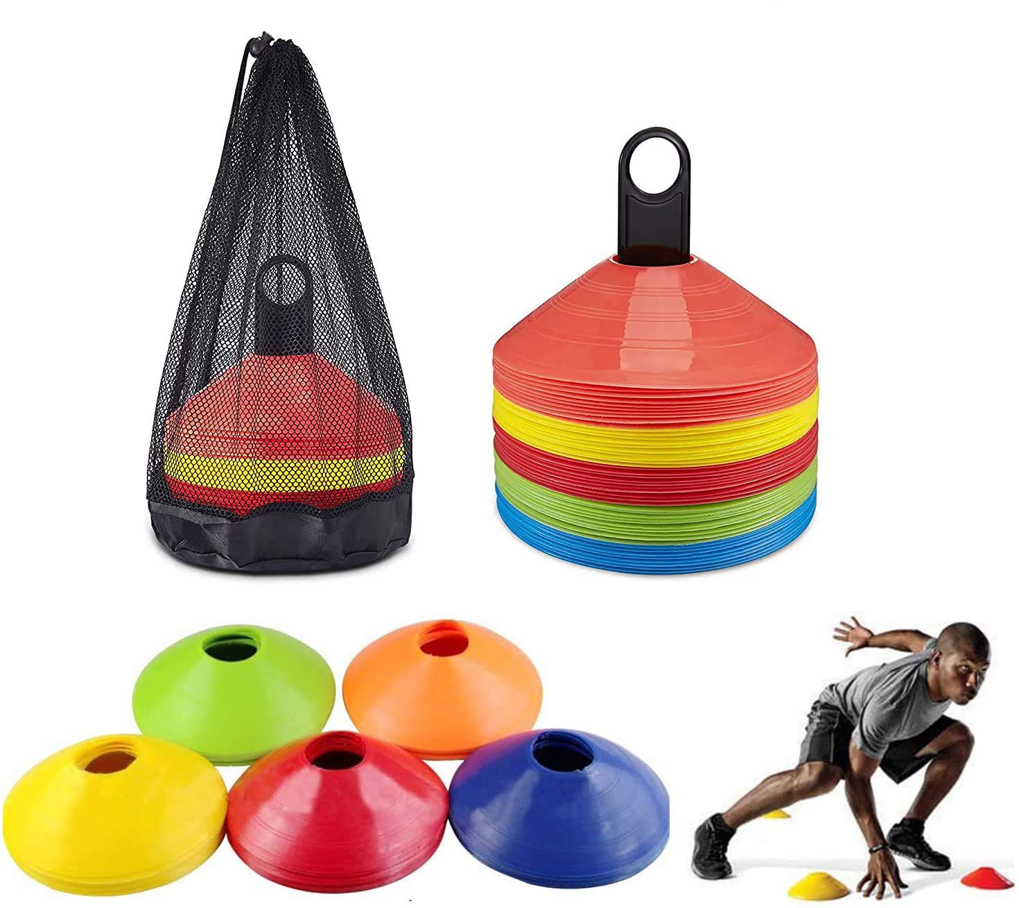 SIMEIXI [50 count] football training dish cones, logo cones, disc cones, multi-color agility sports training cones, used for football and field markings, tote bags and plastic brackets are provided.