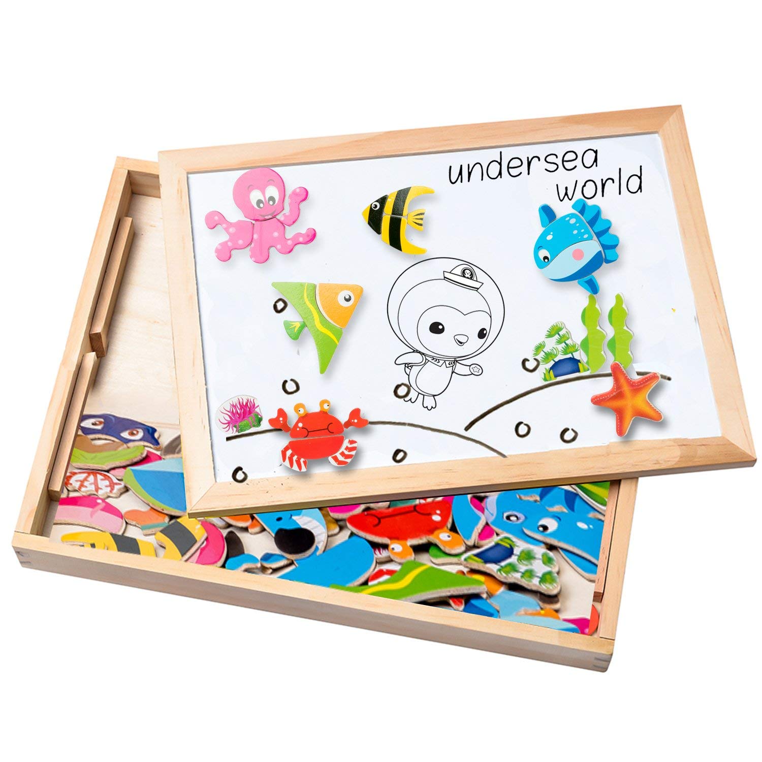 MOVEONSTEP Magnetic Jigsaw Puzzles with Magnetic Numbers and Alphabet Game Total 135 Pieces Double Sided Magnetic Drawing Board Ocean Theme for Children Age 3+