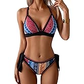 Aidonger Bikini Sets for Women Floral Two Piece Bathing Suit V Neck Shell Stitched Swimsuit Tie Side Triangle Swimwear