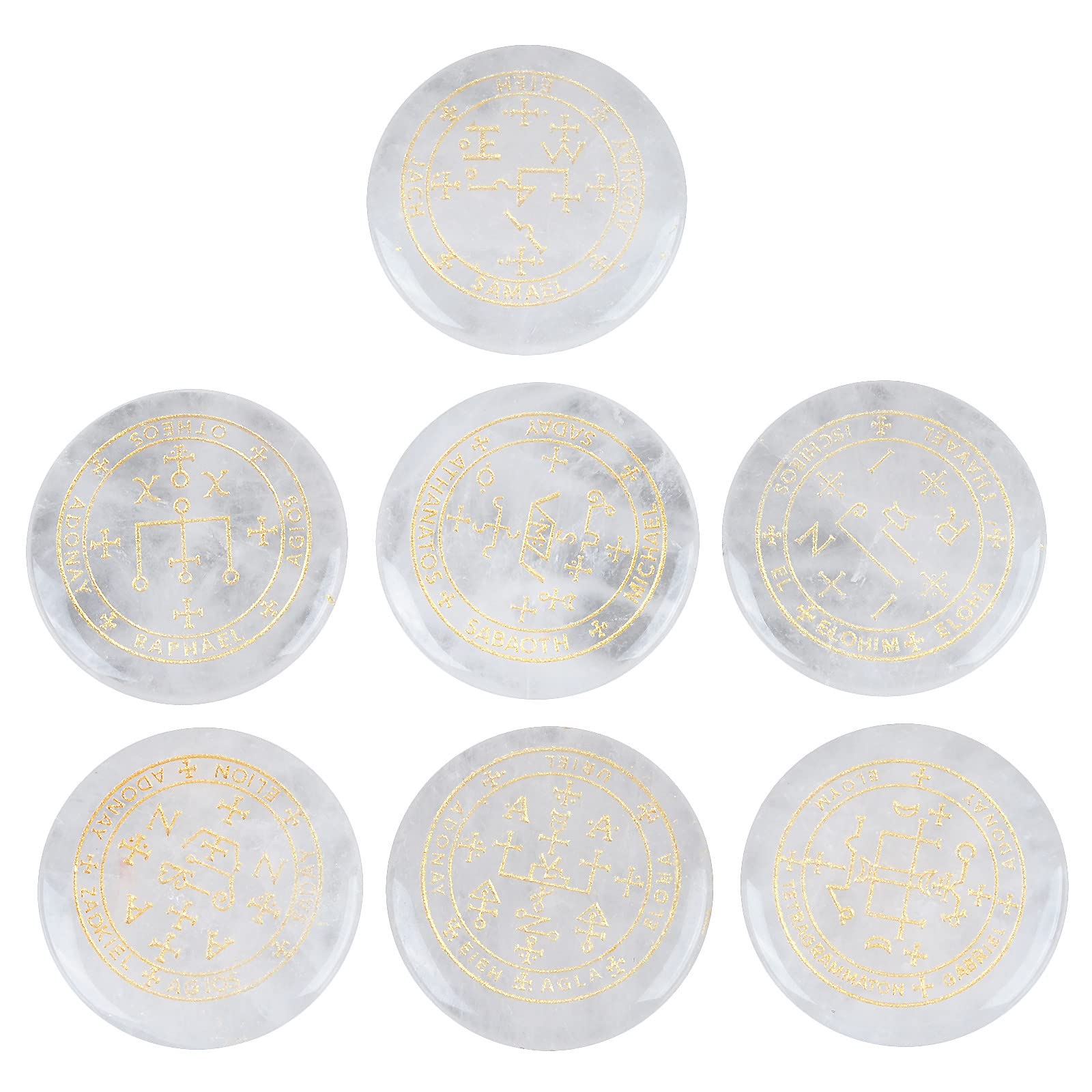 mookaitedecor 7pcs Clear Quartz Crystals Healing Crystal Grid Set with Engraved Magic Archangel Sigils Symbols for Meditation Pocket Palm Stones Spiritual Crystal Set Witchcraft Witch Gifts Decor