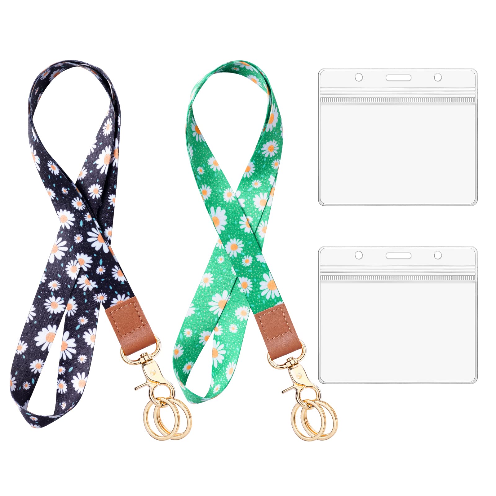 Vicloon Lanyard Neck Strap with Card Holder, Keychain ID Lanyards and Transparent Badge Holder Set Leather Neck Lanyard with 4 Metal Key Rings for ID Cards Keys USB