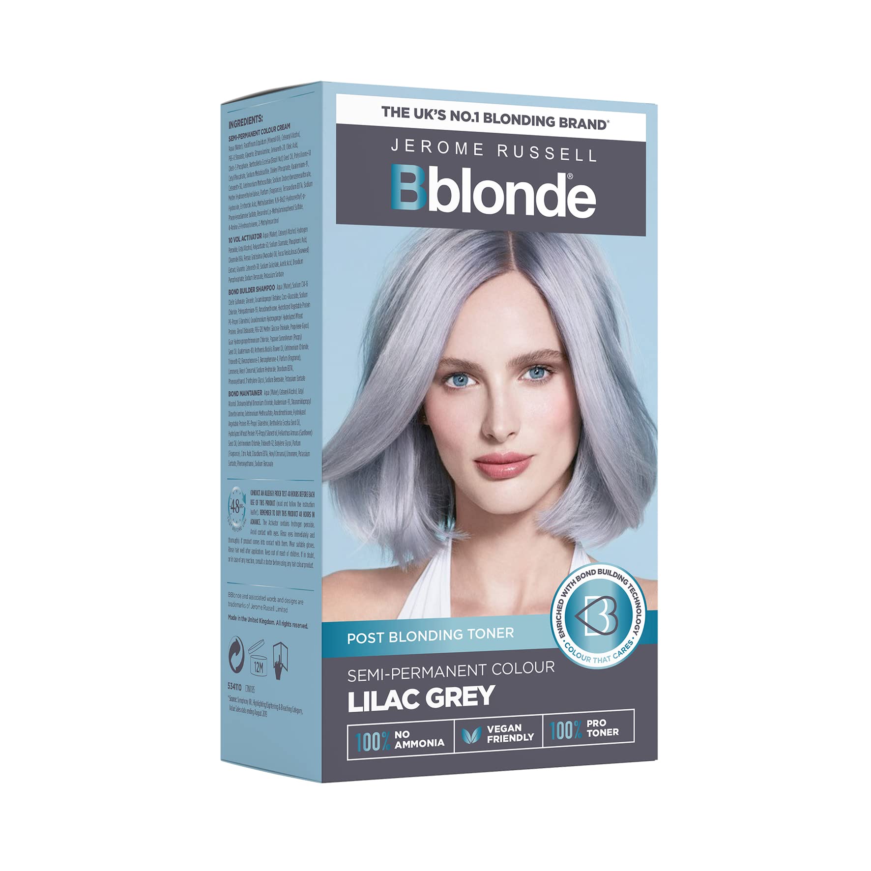 Jerome Russell Bblonde Lilac Grey Post Blonding Toner - Semi Permanent Hair Dye Kit for Pre Lightened & Blonde Hair with Brazil Nut Oil, No Ammonia & Vegan