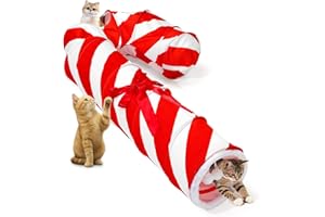 Tivray Christmas Cat Tunnel, Cat Tunnel with 2 Interactive Balls, Decorative Candy Cane Christmas Cat Toys with Bow, Super Soft Portable Kitten Toys for Cat Kitty Small Animals, Red + White