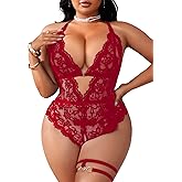 SOLY HUX Women's Plus Size Lace Lingerie Set Deep V Neck Teddy Bodysuit Babydoll Nightwear with Leg Ring