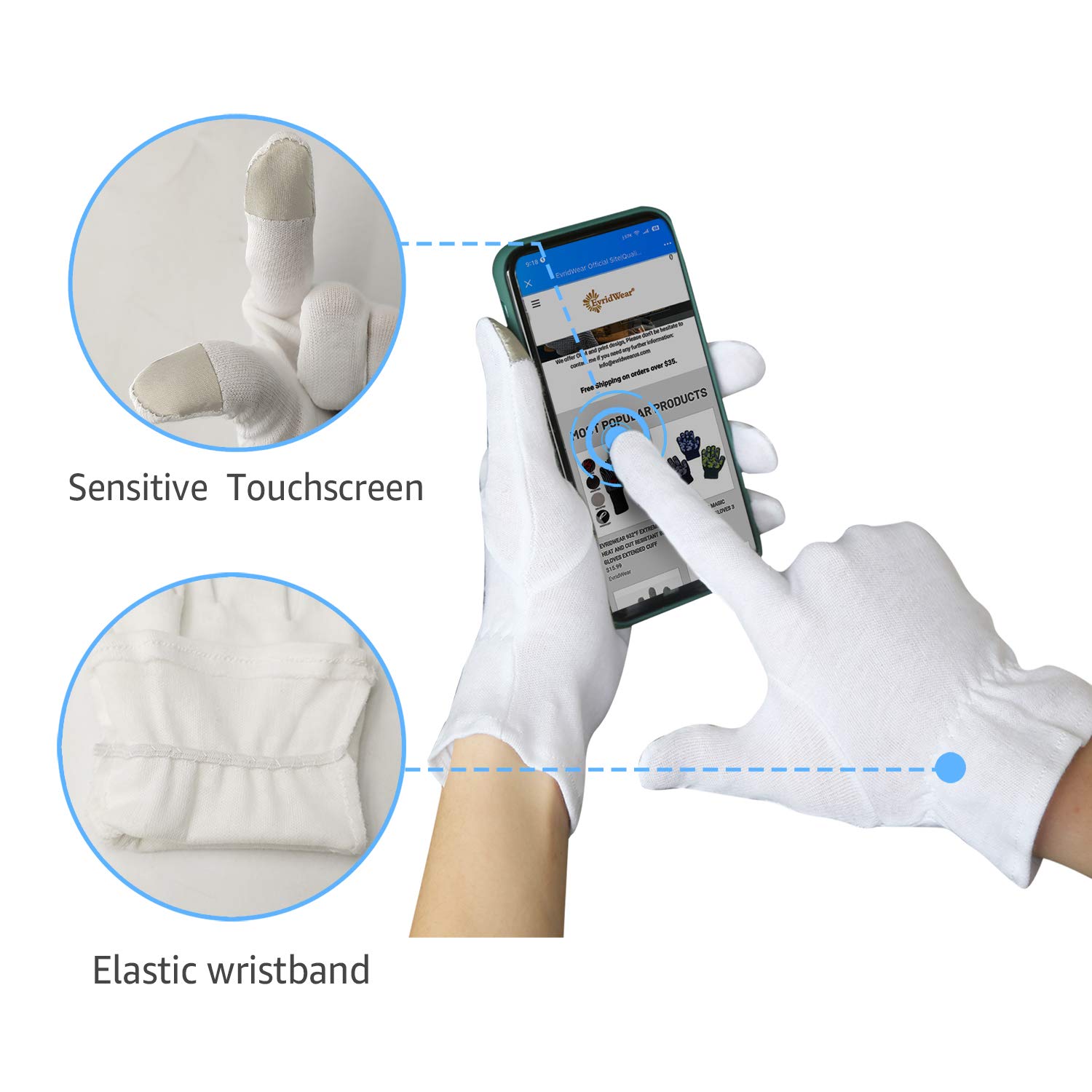 EvridWear 100% Cotton Touchscreen Moisturizing Beauty Gloves with Elastic Cuff, Natural Cosmetic Therapy Gloves for Eczema SPA Dry Hands Care Overnight (White, Large) 2 Pairs : Beauty