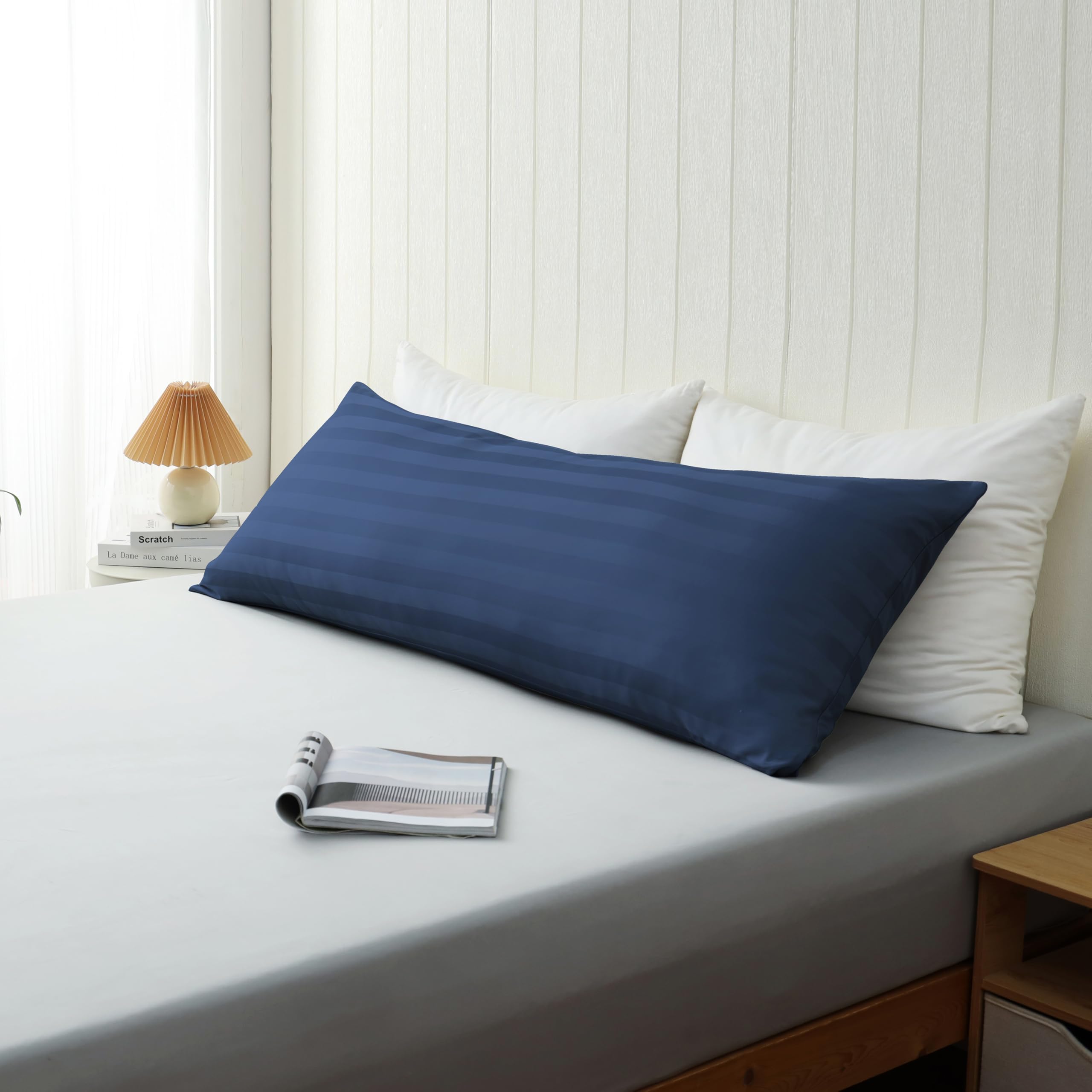 Photo 1 of 100% Cotton Soft Body Pillow Protectors with Invisible Zipper 20X54 Inches Body Pillow Cases, 600 Thread Count Soft Pillow Cases, Striped Navy Blue Color 1-Pack