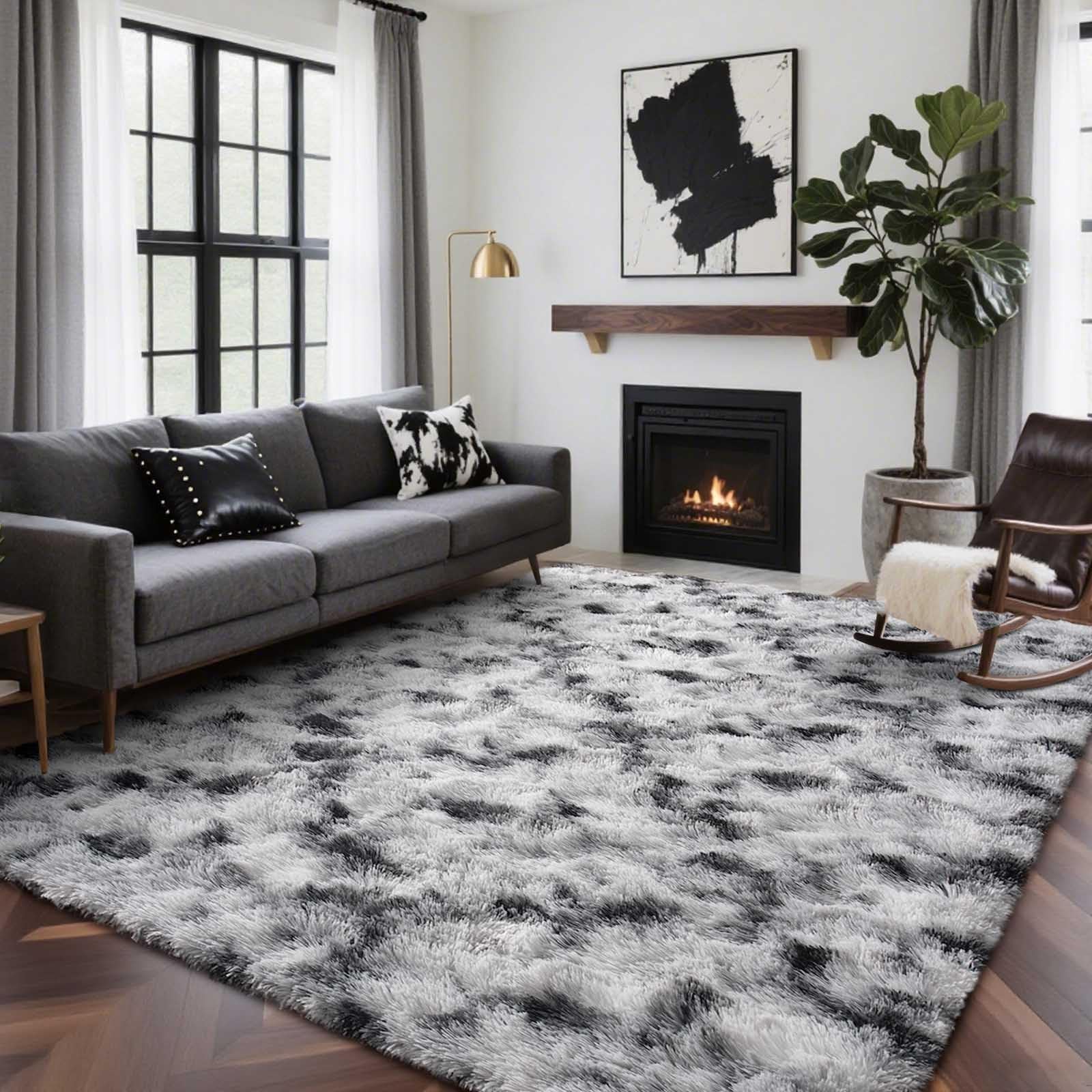 Photo 1 of 8x10 Ft Extra Large Shag Rugs for Living Room, Tie Dyed Ultra Soft Fluffy Furry Area Rugs for Bedroom Indoor Floor, Aesthetic Carpet for Kids Home Decor Black White