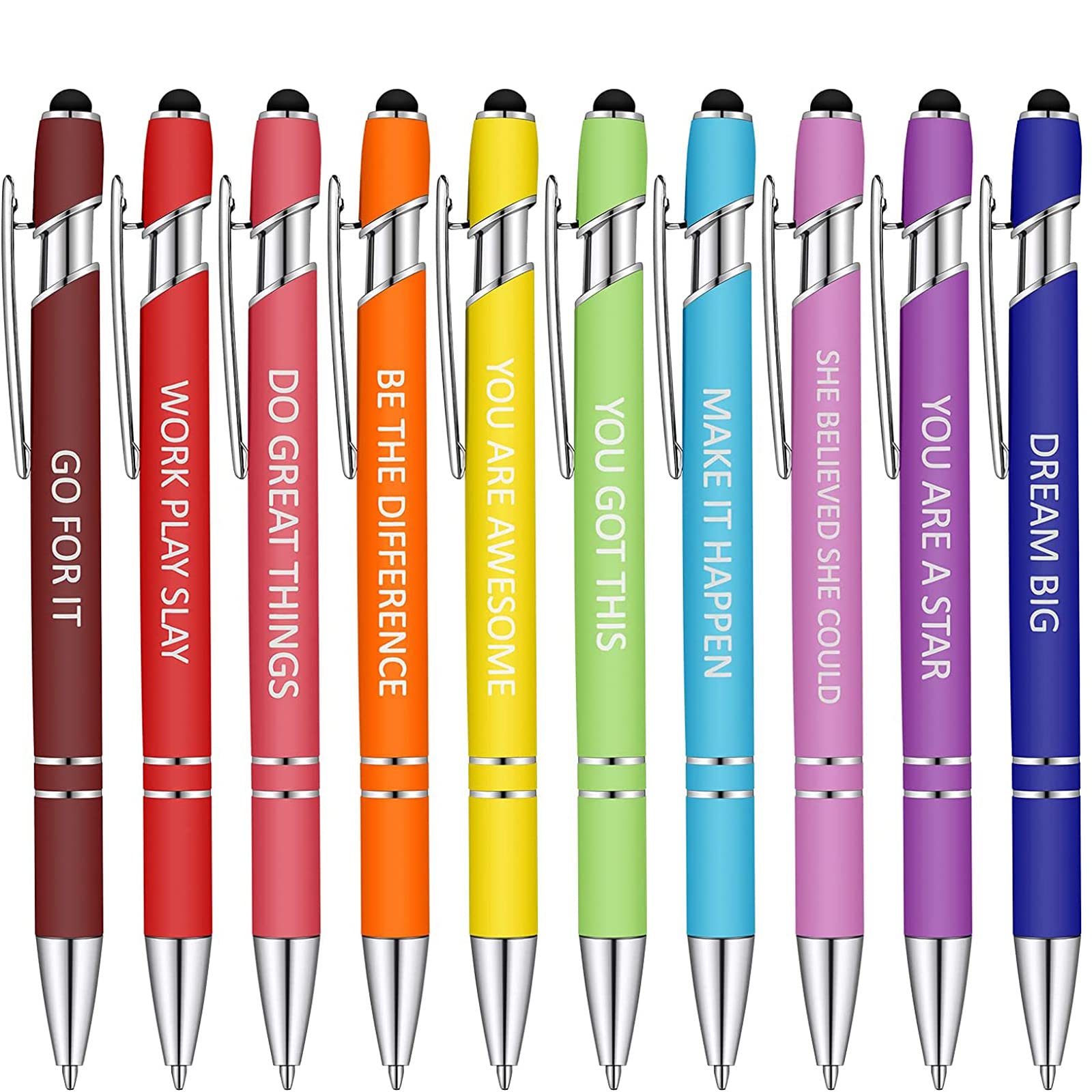 Susohr 10-Piece Motivational & Inspirational Pen Set with Stylus Tip - Encouraging Black Metal Ink Ballpoint