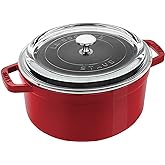 Staub Cast Iron Dutch Oven 4-qt Round Cocotte with Glass Lid, Made in France, Serves 3-4, Cherry