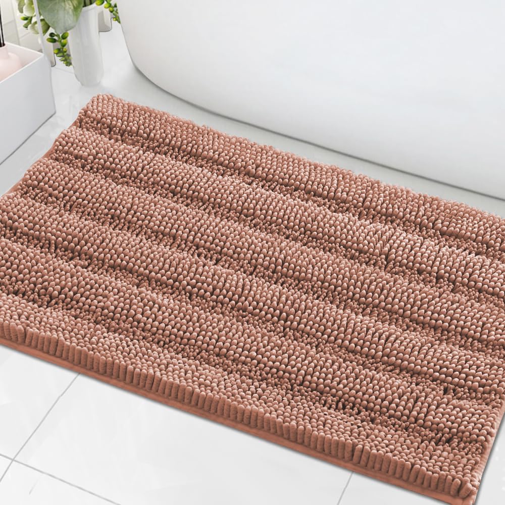 Photo 1 of H.VERSAILTEX Bath Mats for Bathroom Non Slip Extra Thick Chenille Striped Bath Rug 24" x 36" Absorbent Non Skid Fluffy Soft Shaggy Rugs Washable Dry Fast Plush Mats for Indoor, Bath Room - Muted Clay