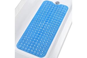 Topotdor Baby Bath Mat for Tub for Kids, 40 X 16 Inch Extra Long Toddler Bathtub Mat Non Slip, Machine Washable Bathroom Shower Floor Mat with Suction Cups & Drain Holes, Clear Blue
