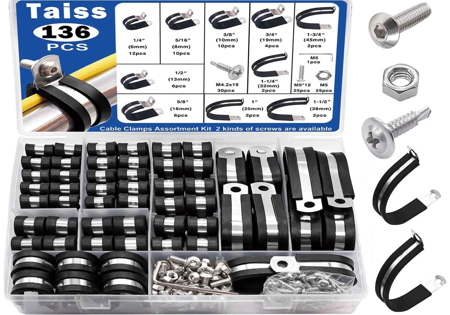 Taiss 136PCS 10 Sizes 304 Stainless Steel Rubber Lined P Clips Kit, 6/8/10/13/16/19/25/32/38/45mm Hose Pipe Clamps Kit,Metal Cable Clips with Two Kinds of Screws.for Cable,Cord, Wire, Hose, Tube