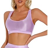 FEOYA Women Shiny Sports Bra Oil Glossy Crop Tank Top Seamless Racerback Bras for Workout Club Party