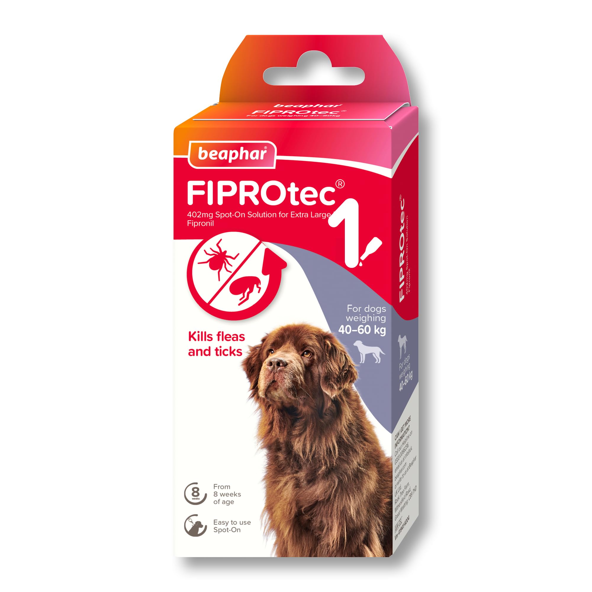 Beaphar - FIPROtec Spot-On Flea & Tick Treatment for Extra Large Dogs 40-60kg – 1 Pipette - Kills Fleas & Ticks – Veterinary Medicine - Easy to Apply Monthly - For Dogs & Puppies from 8 Weeks Old