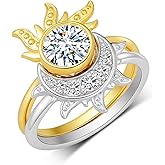 Wasuwu Moon Sun Ring Set for Mom Grandma Wife, 925 Sterling Silver Unique Art Deco Matching Bands 2 Pieces Ring Set With Moissanites for Women Jewelry Gift for Anniversary Birthday Christmas