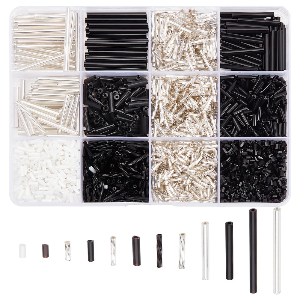 GOMAKERER About 2400 Pcs 12 Colors Glass Bugle Beads, Mixed Color Screwy Bugle Beads Long Tube Seed Bead Loose Spacer Bead Transparent Beads White and Black Clear Beads for Jewelry Making