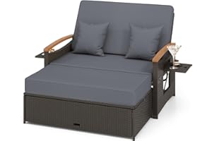 LDAILY Moccha Outdoor Wicker Daybed, Patio Rattan Loveseat Sofa w/ 4-Level Adjustable Backrest, Folding Panels, Storage Ottoman & Cushions, Lounge Furniture Set for Poolside Backyard Porch (Grey)