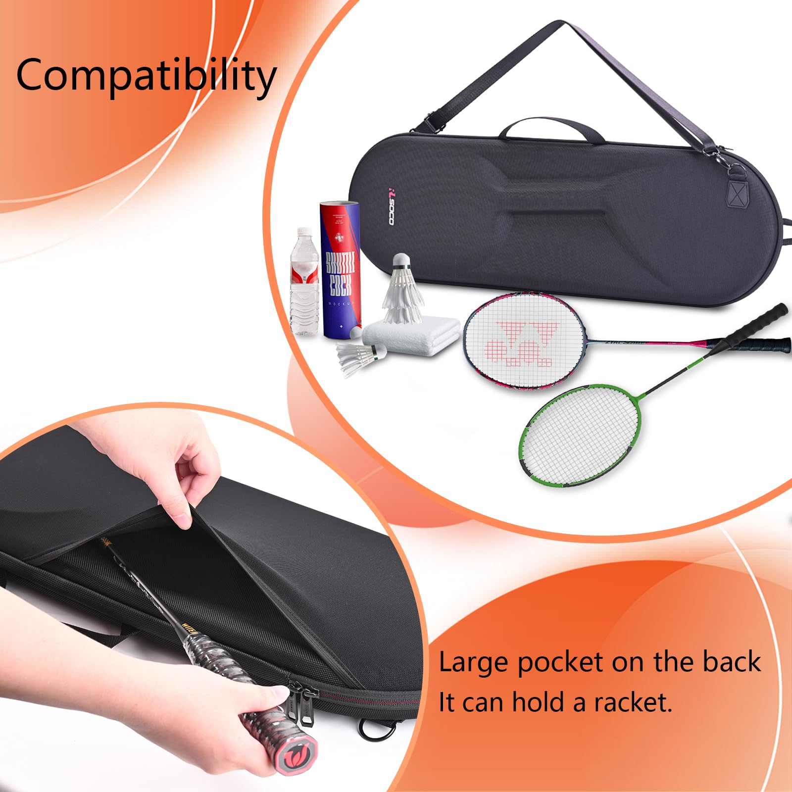 RLSOCO Badmintonschläger Tasche für Yonex/Carlton/Wilson/Kawasaki/Talbot Torro/Victor Badmintonschläger - für 2 Schläger,Badminton | Reisetasche mit YKK Reißverschluss (Nur Tasche) 5