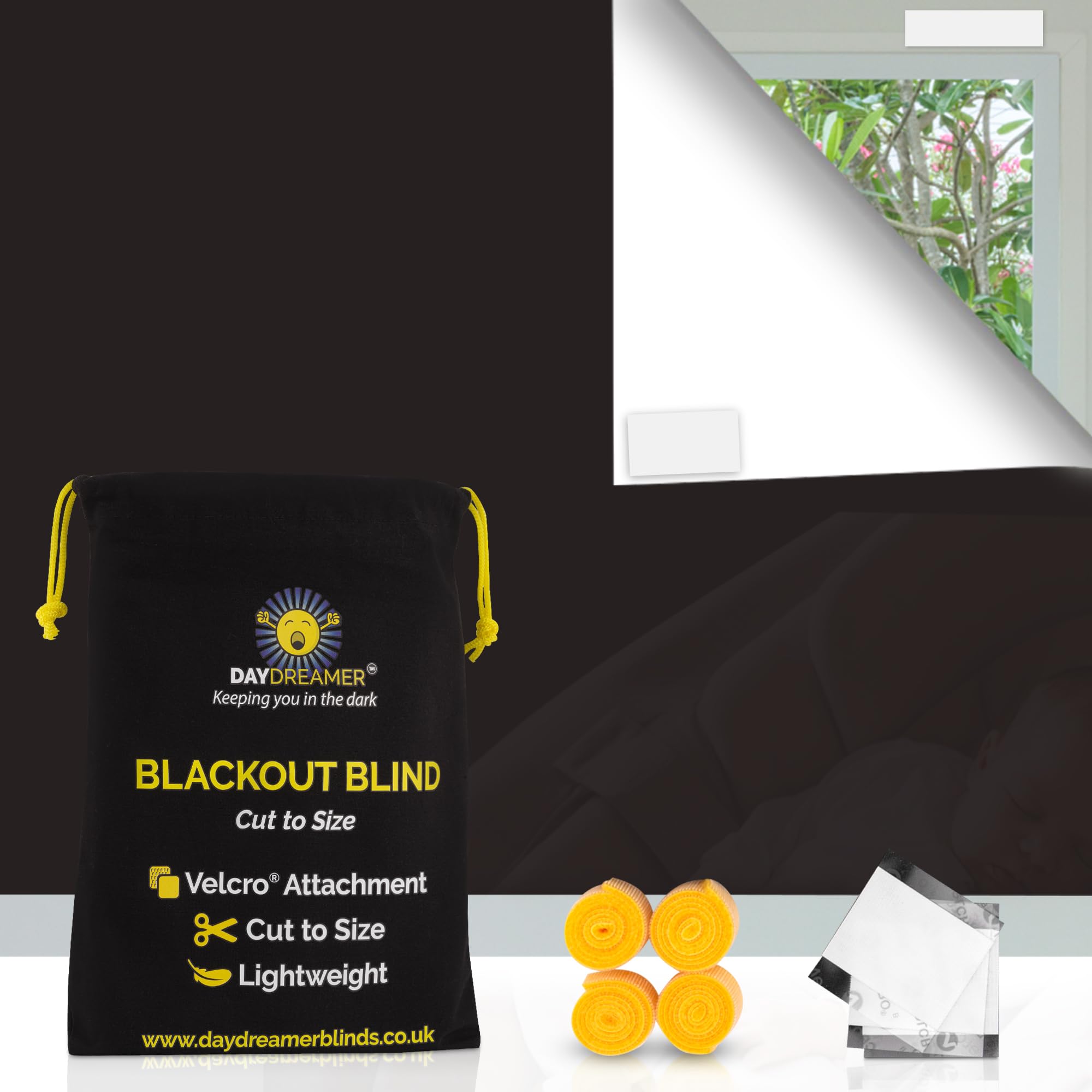 DayDreamer Blinds 100% Light Blocking Blackout Blind With Hook And Loop Tabs, Cut to Size, to Fit Any Window, No Drill, Kids Bedroom, Nursery 2m x 1.3m