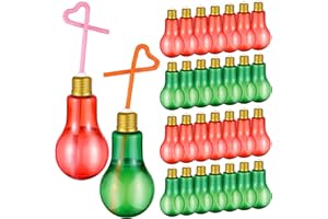 Panitay 30 Pcs 200ml Christmas Light Bulb Cups with Straw Lids Christmas 6.8 oz Plastic Red Green Light Bulb Bottles Containers Xmas Party Supplies Juice Water Drink Cup for Juice Drinks Beer
