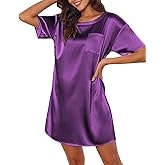 Ekouaer Silk Sleep Shirts for Women Satin Nightshirt Tshirt Nightgown Short Sleeve Sleepwear Round Neck Shirt Dress With Chest Pocket Bright Purple S