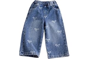 Infant Girls Baggy Jeans Cute Bow Embroidery Denim Pants Toddler Kids Wide Leg Casual Trouser Elastic Waist Loose Fit Clothes