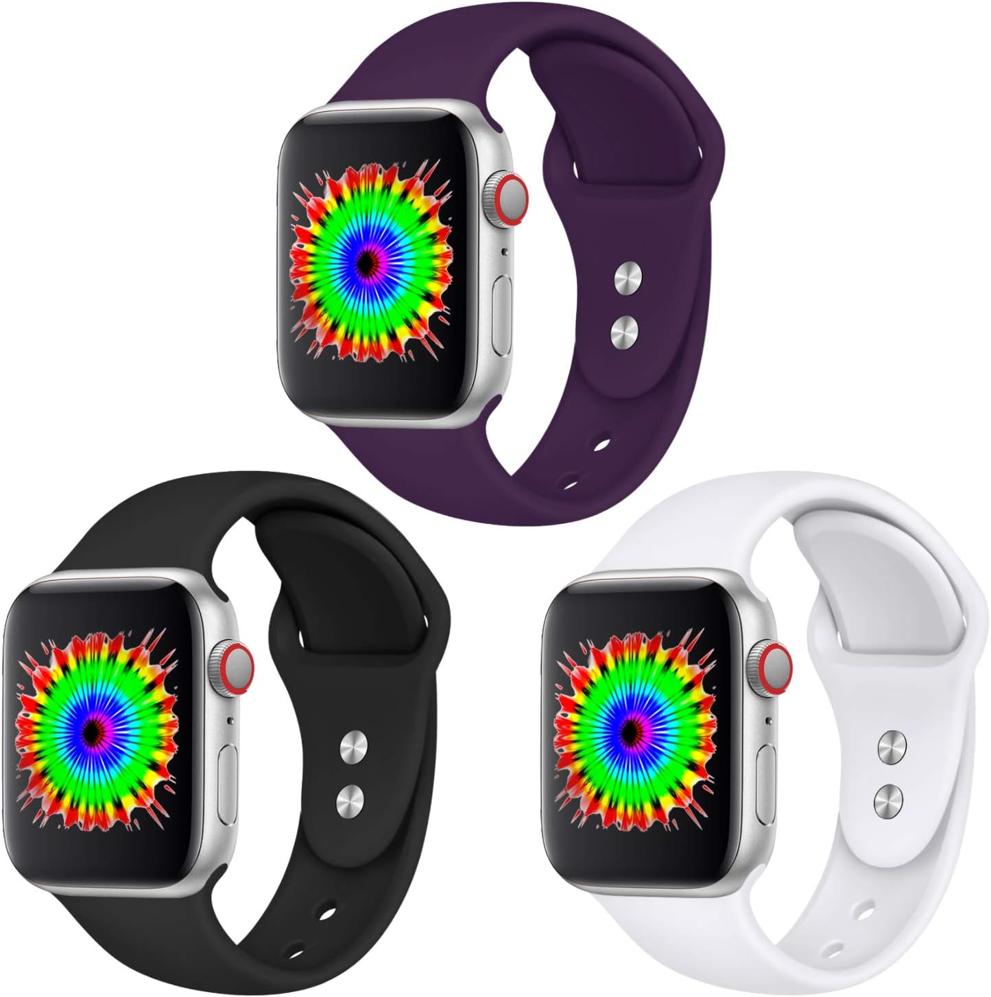 DGege Compatible for Apple Watch Band 38mm 40mm, S/M, Soft Silicone Band Compatible for iWatch Series 5/4/3/2/1, Black, White, Plum
