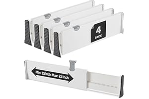 RUBOXA Adjustable Tall Drawer Dividers, [4 Pack] Adjusting Legnth from 15 Inch - 21 Inch, Drawer Organizers for Clothes, Locks in Place, Use for Bedroom, Bathroom, Kitchen & Office Organization and Storage.