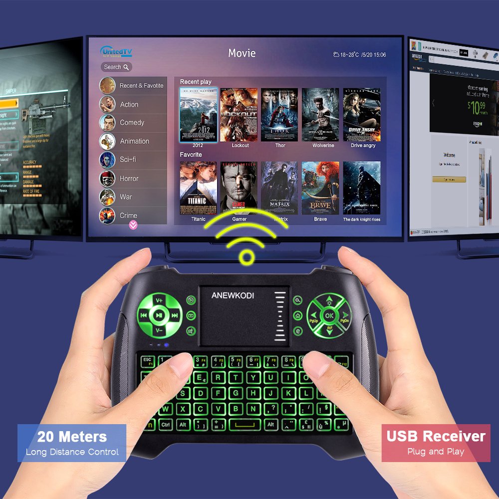 ANEWKODI QWERTY Mini Clavier Rétro-éclairé Sans fil, 2.4GHz Mini Clavier de Souris Combo, Mini Clavier Wireless Télécommande pour Téléviseur intelligent,HTPC,IPTV, Téléviseur Android, XBOX360, PS3, PC