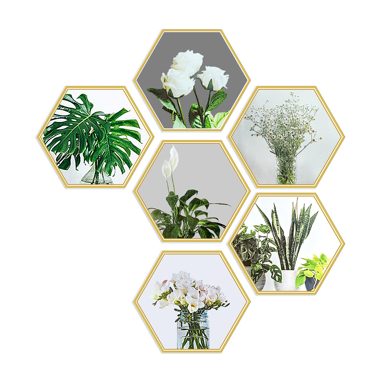 Sicheii Hexagon Gold Trim Plant Flowers Art Magic Pictures Peel and Stick 3D, 2 Sheet Vinyl Removable Wall Stickers Decals, Decorative PVC Home Decor for Living Room Bedroom TV Sofa Backdrop