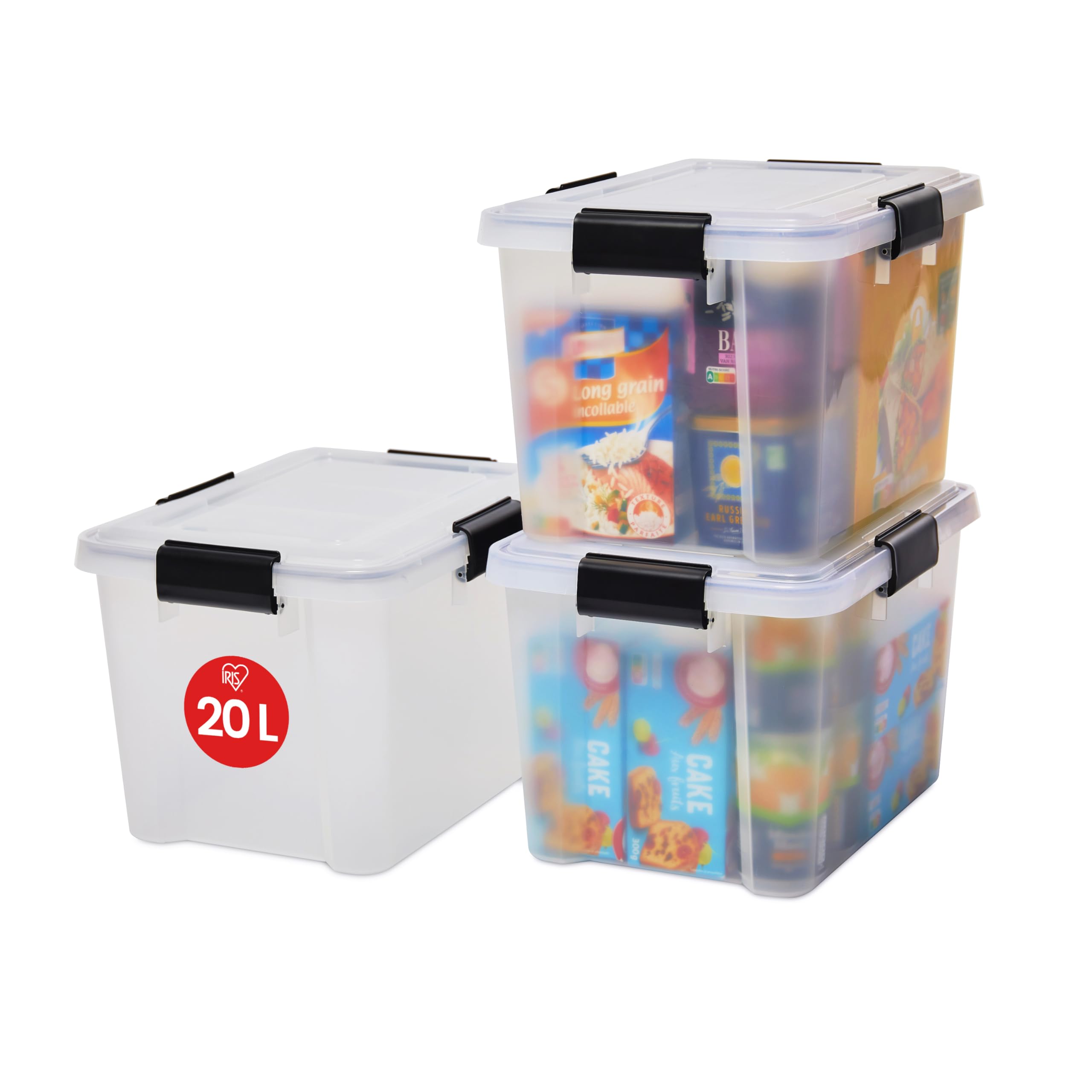 Iris Ohyama, Set of 3, Air tight storage boxes, 20 L, with 4 clips, stackable, garage, cellar, attic - Air Tight Box AT-SD - Transparent
