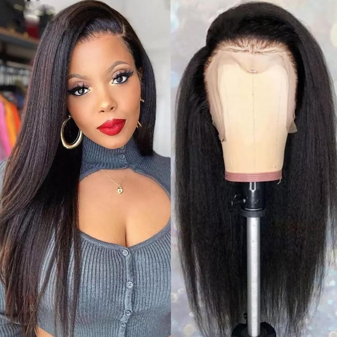 Urshiney 13x4 Kinky Straight Lace Front Human Hair Wigs For Women 13x4 Swiss Transparent Lace 180% Density Pre Plucked Natural Hairline Yaki Frontal Wigs Natural Black Can Be Dyed 22 Inch