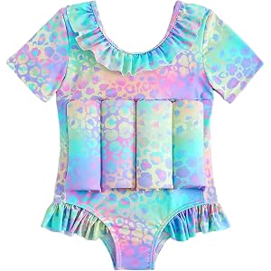 IBTOM CASTLE Toddler Baby Girls One Piece Float Swimsuit | Short Sleeve, Leopard/ Dinosaur Print, 8 Removable Buoyancy, Beach