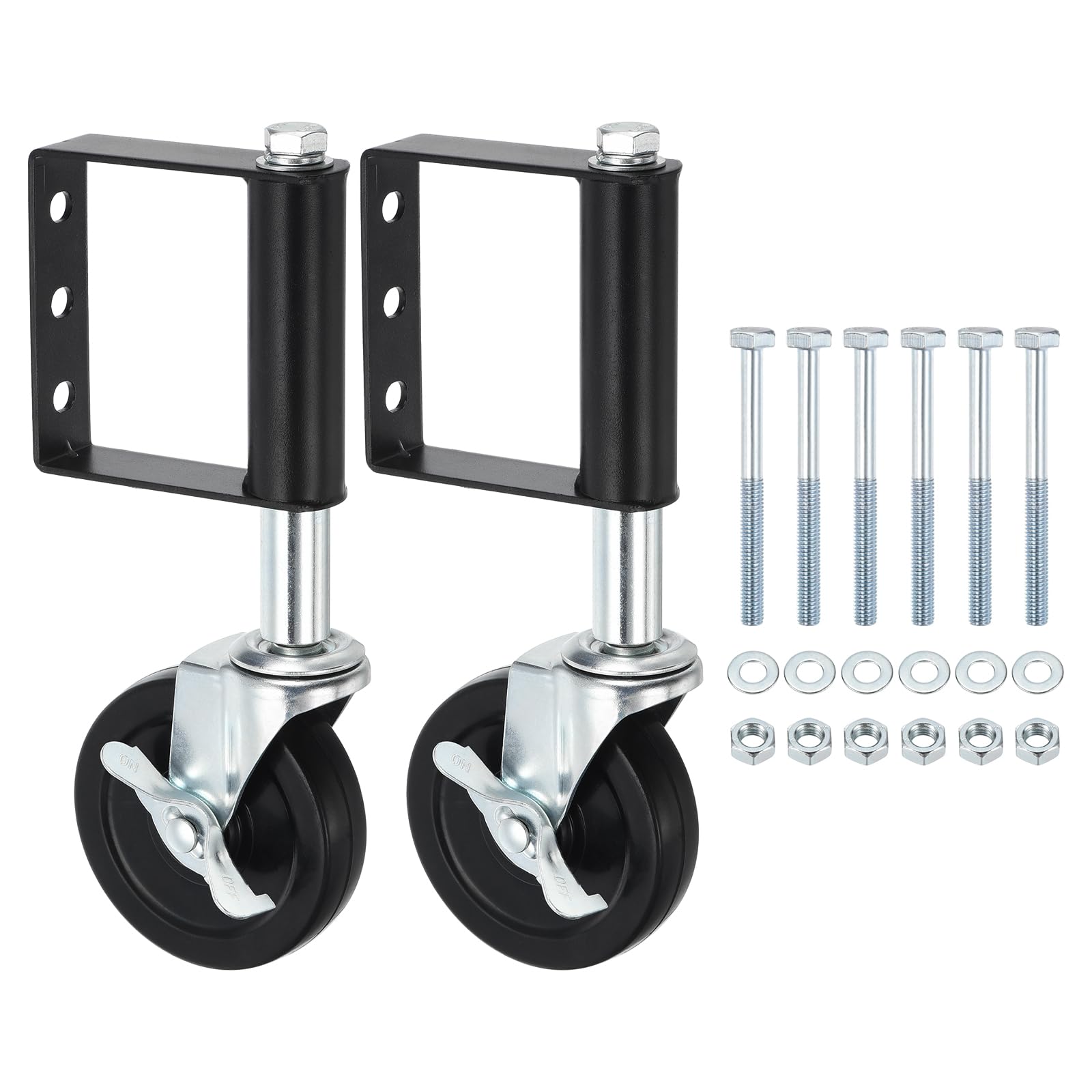 PATIKIL 4 Inch Gate Wheels for Wooden Gate, 2 Pack Rubber Gate Casters 220 lbs Capacity Heavy Spring Loaded Gate Caster with Universal Mount Plate for Fence Farm Gate (with Lock Brake)