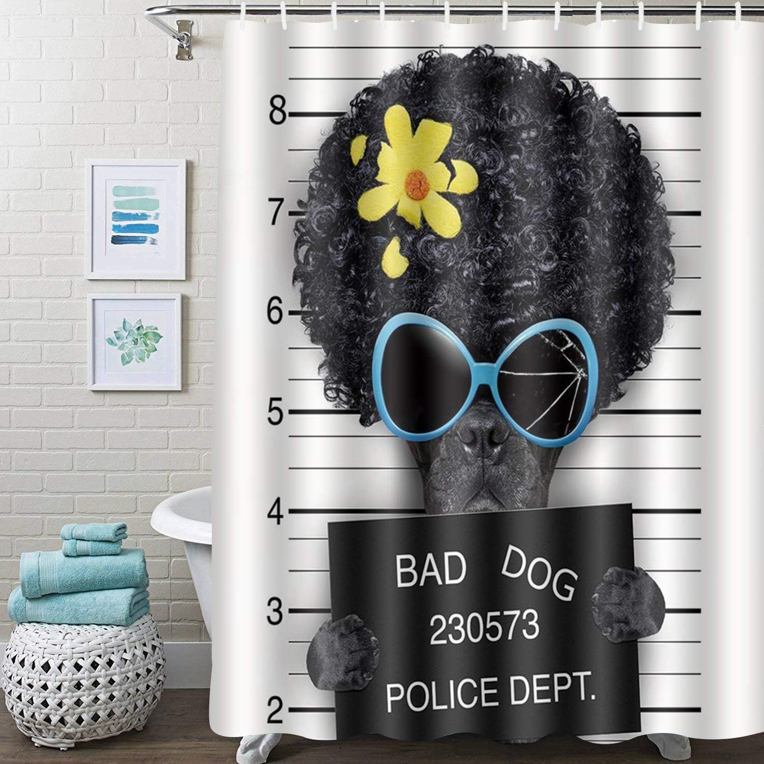 Derun Duschvorhange Textil Bad Vorhang Aus Polyester Anti Schimmel Lustig Fahndungsfoto Von Hippie Wollte Hund Verbrecher Welpe Afro Boxer Gangster Blickdicht Wasserdicht Waschbar 120x180cm Amazon De Kuche Haushalt