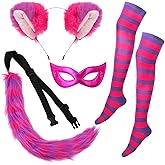 XEPST 4PCS Pink and Purple Striped Cat Costume for Women-Cat Ears and Tail Set with Pink and Purple Cat Ears, Eye Mask, Furry Tail, Striped Socks for Halloween Costumes Cosplay Carnival Fancy Dress Up