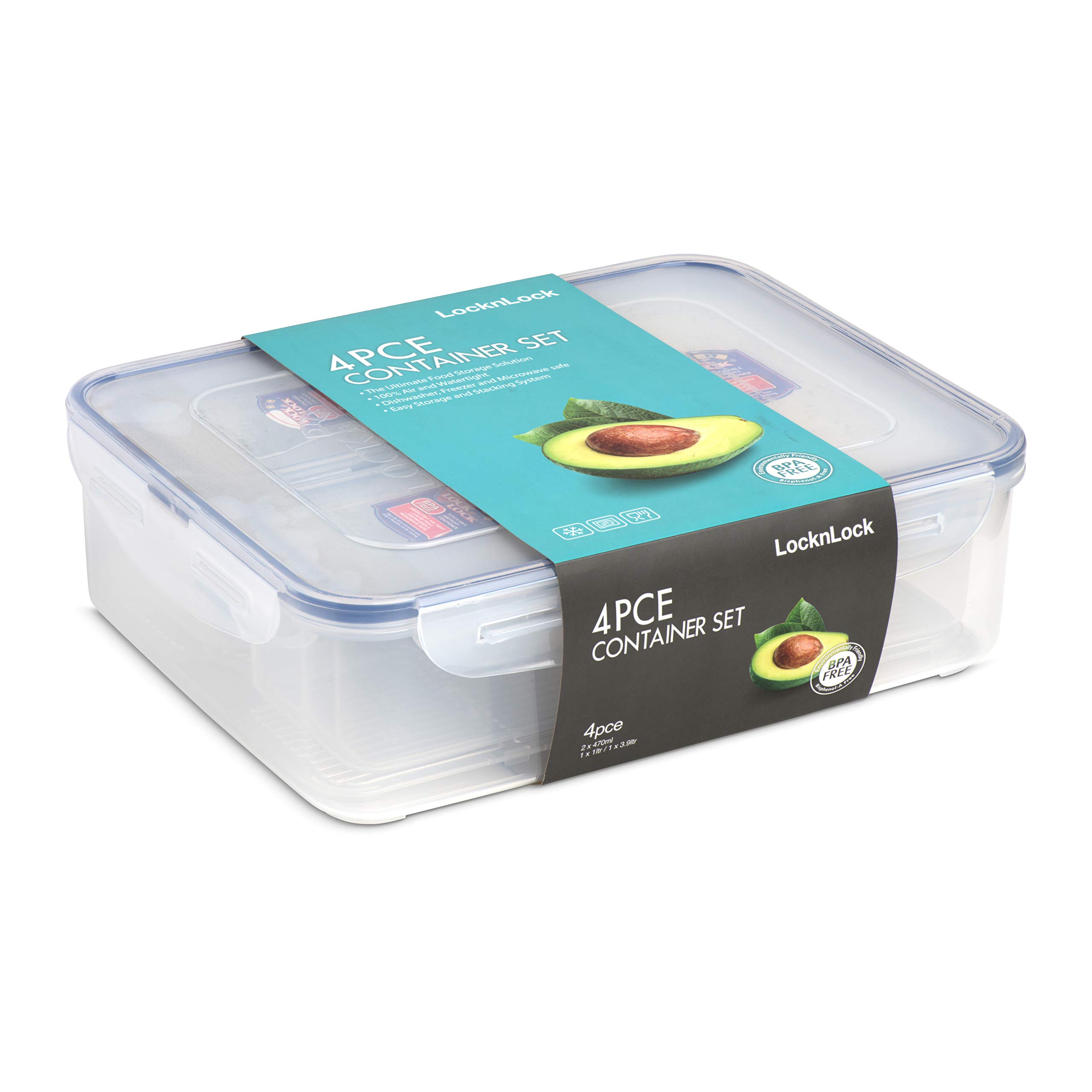 4pce container set - Rectangular 3.9lt with Freshness Tray/ 1.0lt/ 2 x 470ml