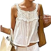 Women Y2k Lace Ruffle Trim Tank Top Fairycore Sexy Sheer Tie Button Front Scoop Neck Crop Camisole Cute Going Out Tops