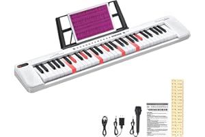 RIVVTA 61 Key Electric Keyboard Piano with 200 Tone 200 Rhythm and 60 Demo Light-Up Keyboard for Beginners - Includes Music Rest Microphone Power Supply Note Stickers White(REK-20)