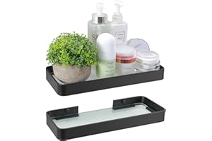 Z metnal Small Glass Bathroom Shelves, Matte Black Bathroom Floating Shelf, Mini Wall Shelf for Bathroom Organizer, Wall Mounted (Clear Glass, 11.8 inch/30cm)