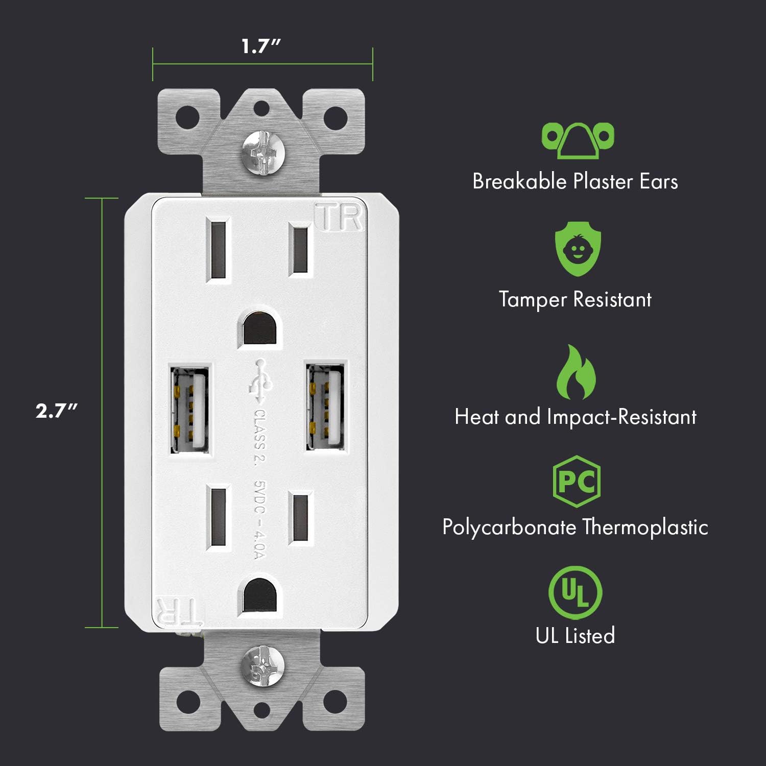 TOPGREENER TU2154A-W High Speed USB Charger Outlet, USB Wall Charger, Electrical Outlet with USB, 15A TR Receptacle, Screwless Wall Plate, for iPhone X, iPhone 8 / 8 Plus, Samsung Galaxy and more, TU2154A, White: Home Improvement