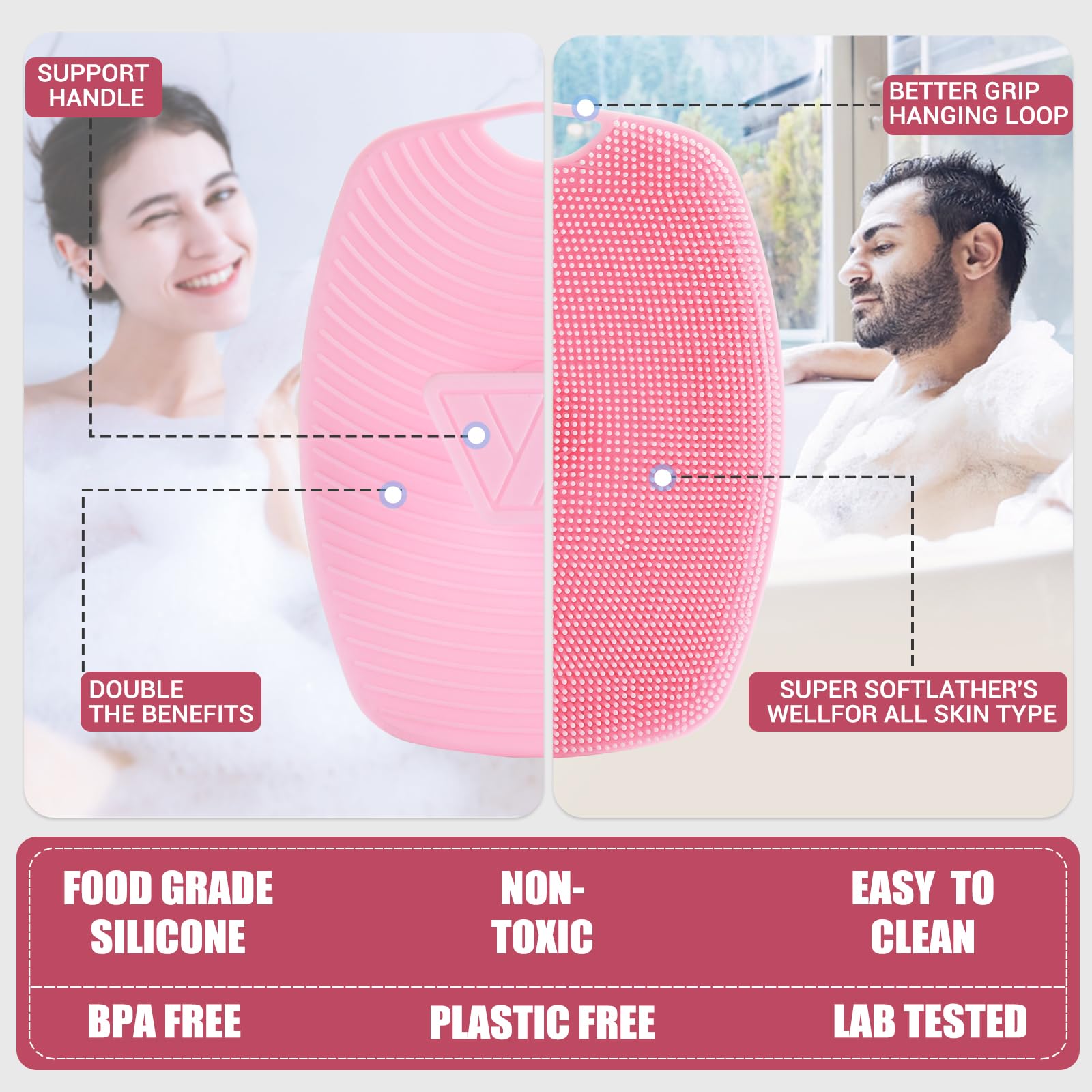 Canroom Silicone Body Scrubber - Anti Zinc Infused-Highly Elastic Bristles Exfoliating Body Scrubber for Shower Body,Cellulite Reduction,Blood Circulation - Pink