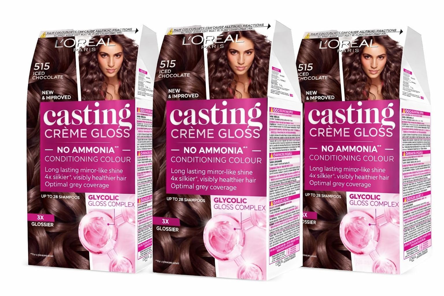 L'Oréal Paris Casting Crème Gloss Semi-Permanent Hair Dye, Ammonia-Free Formula & Honey-Infused Conditioner, Glossy Finish, Colour for Up to 28 Shampoos, Pack of 3, Colour: 515 Iced Chocolate