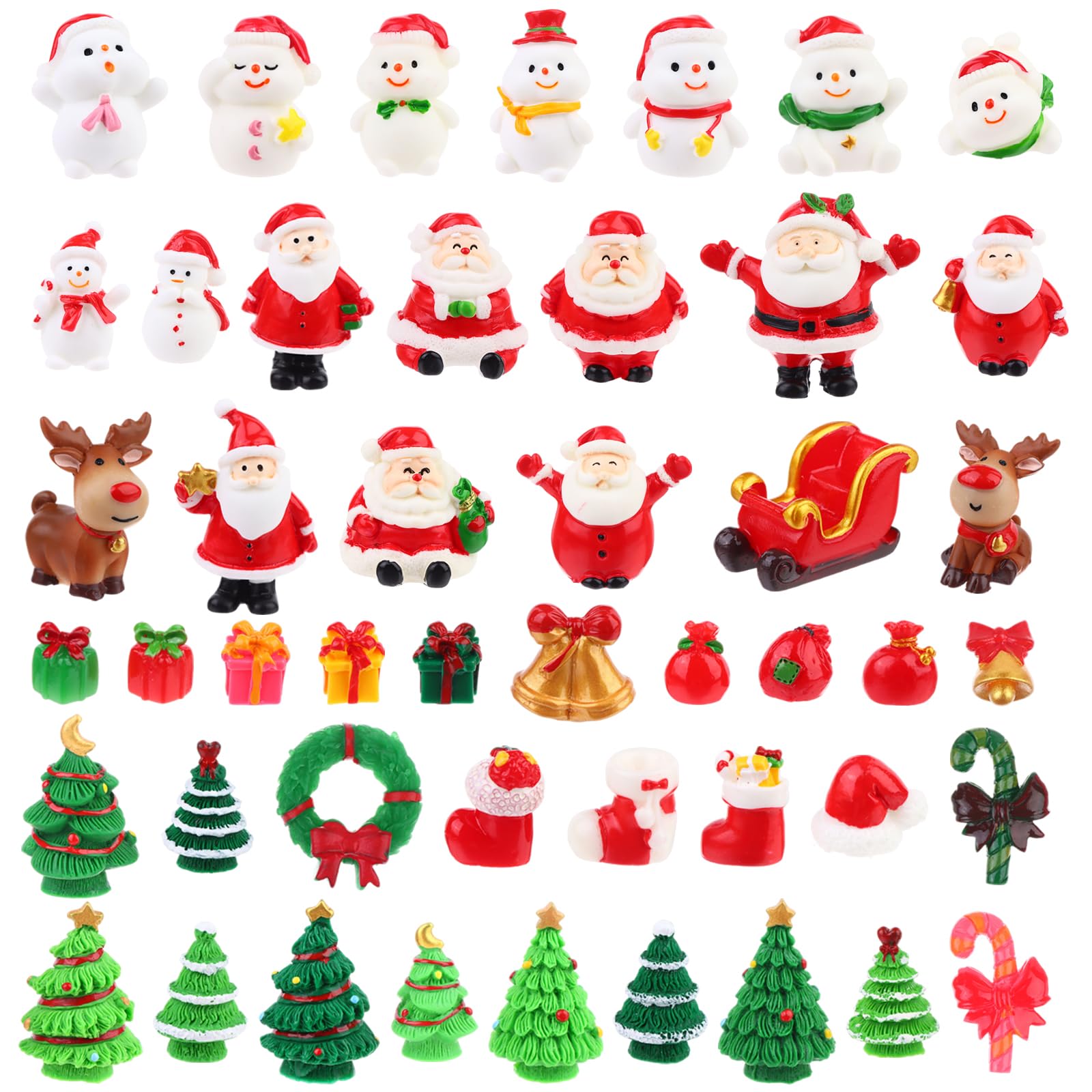 Peerless 48Pcs Miniature Figurines - Christmas Desktop Decor Kit with Resin Ornaments, Santa Claus, Snowman, Elk, Tree, Bell, Red Hat Socks