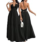 Narecte Women's Maxi Summer Dresses Halter V Neck Beach Dresses for Women A-Line Casual Dress for Vacation