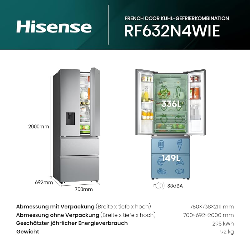 RF632N4WIE French Door Kühl-Gefrierkombination/ NoFrostPlus/ Inverter-Kompressor/ Wasserspender/ CrispZone/ 200 cm/ Kühlteil 336 l/ Gefrierteil 149 l/ 38 dB/ 295 kWh/ Jahr/ Inox-Look