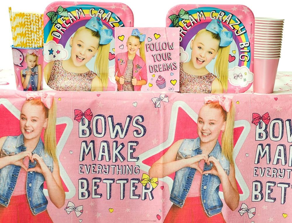 JoJo Siwa Birthday Party Supplies Pack for 16 Guests | Straws, 16 Dinner Plates, 16 Luncheon Napkins, Table Cover, and 16 Cups | Throw A Rainbow And Bow Party With Jojo Siwa Birthday Party Supplies