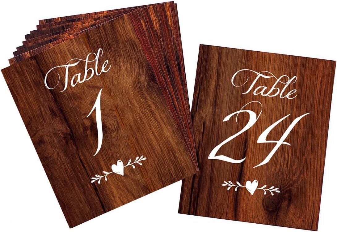 2 City Geese Rustic Wedding Table Numbers | Wood Look Table Numbers 1-24 | Includes Mr and Mrs Sweetheart Table Cards and 2 Reserved Table Cards | Heavy Cardstock with Linen Texture Double Sided