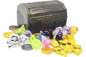 PEMALIN Pirate Treasure Chest Toy Set - Pirate Themed Role Play Party Favors Decoration Storage Box - Treasure Hunting Game for Halloween, Birthday, Christmas